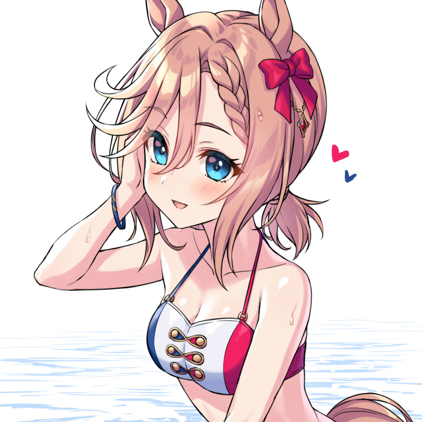 animal_ears bikini blue_eyes blush breasts cleavage commentary_request female hair_between_eyes hair_ornament heart highres horse_ears horse_girl horse_tail medium_breasts medium_hair ocean ribbon short_twintails solo swimsuit tail tomo_(tmtm_mf_mf) twintails umamusume upper_body venus_paques_(umamusume) white_background