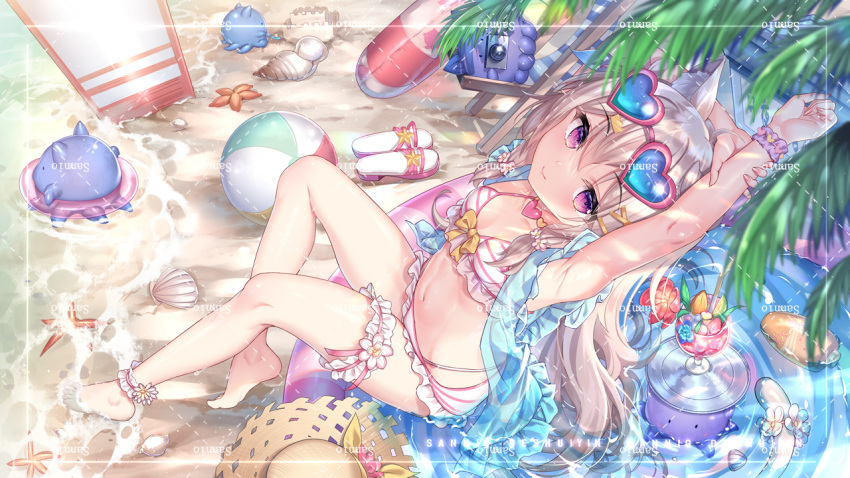 ahoge animal_ear_fluff animal_ears ankle_strap armpits artist_name ass bangs bare_shoulders barefoot beach beach_towel bikini blue_shawl bow camera cat_ears cat_girl cat_tail chair cup dotted_line drink drinking_glass female flower frilled_bikini frills from_above full_body goggles goggles_on_head hair_between_eyes hair_flower hair_ornament hairbow hairclip hat heart heart-shaped_eyewear highleg highleg_panties holding_own_arm indie_virtual_youtuber innertube jewelry knees_up leaning_back leg_strap light_brown_hair long_hair looking_at_viewer lotion nail_polish navel necklace off_shoulder panties parted_lips partially_submerged pink_bikini pink_nails pool purple_eyes sandals sandals_removed sannio see-through shawl shell sitting skirt smile snail solo spread_armpit starfish stomach straw_hat sunscreen swimsuit tail tail_ornament towel tree two-tone_bikini underwear very_long_hair virtual_youtuber water watermark white_bikini wristband x_hair_ornament yami_(vtuber) yellow_bow