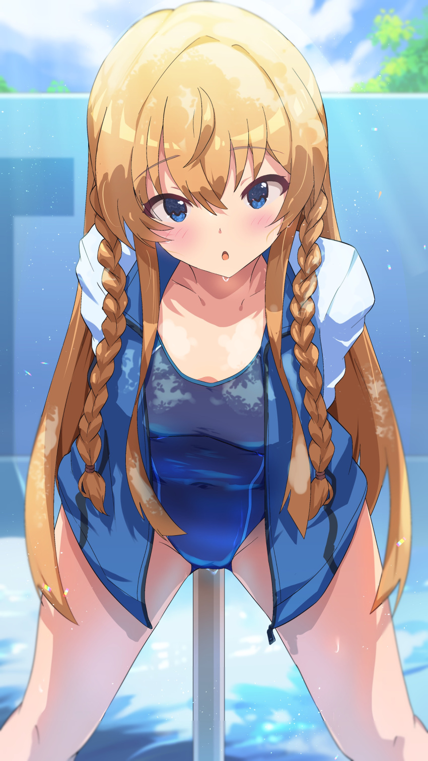 absurdres bare_arms blonde_hair blue_eyes blue_sky blush braid breasts competition_swimsuit covered_navel female highleg highleg_swimsuit highres idolmaster idolmaster_million_live! jacket kousaka_umi leaning_forward looking_at_viewer medium_breasts one-piece_swimsuit open_clothes open_jacket open_mouth outdoors pool sanami_(sanami_t_38) sky solo swimsuit twin_braids