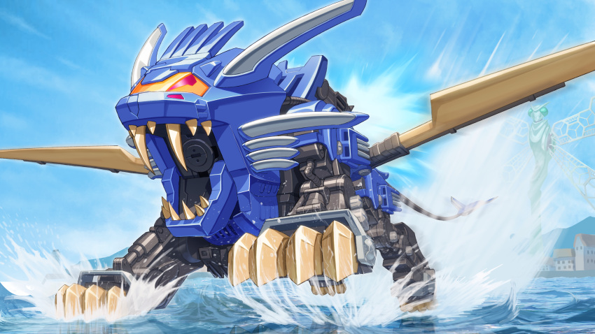 absurdres blade_liger building day highres mecha no_humans non-humanoid_robot outdoors robot robot_animal ryotaro_nozaki splashing water zoids zoids_chaotic_century