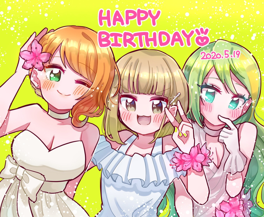 3girls :3 alina_gray alternate_costume aqua_eyes bad_id bad_twitter_id bare_shoulders blonde_hair blunt_bangs blush bow breasts brown_eyes brown_hair choker cleavage closed_mouth dated dress finger_to_mouth flower flower_bracelet gift_art gloves green_eyes green_hair hair_flower hair_ornament happy_birthday haruna_konomi highres hiroe_chiharu long_hair magia_record:_mahou_shoujo_madoka_magica_gaiden mahou_shoujo_madoka_magica multicolored_hair multiple_girls one_eye_closed open_mouth orange_hair pink_flower short_hair sleeveless sleeveless_dress smile streaked_hair takenoko_mgrc upper_body v waist_bow white_bow white_choker white_dress white_gloves