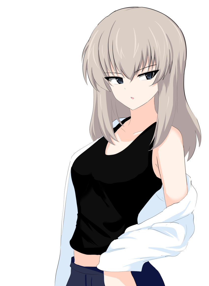 absurdres aikir_(jml5160) black_shirt blue_eyes blue_pants casual commentary female girls_und_panzer grey_hair half-closed_eyes highres itsumi_erika long_sleeves looking_at_viewer medium_hair midriff off_shoulder one-hour_drawing_challenge open_clothes open_shirt pants parted_lips shirt simple_background solo standing tank_top white_background white_shirt