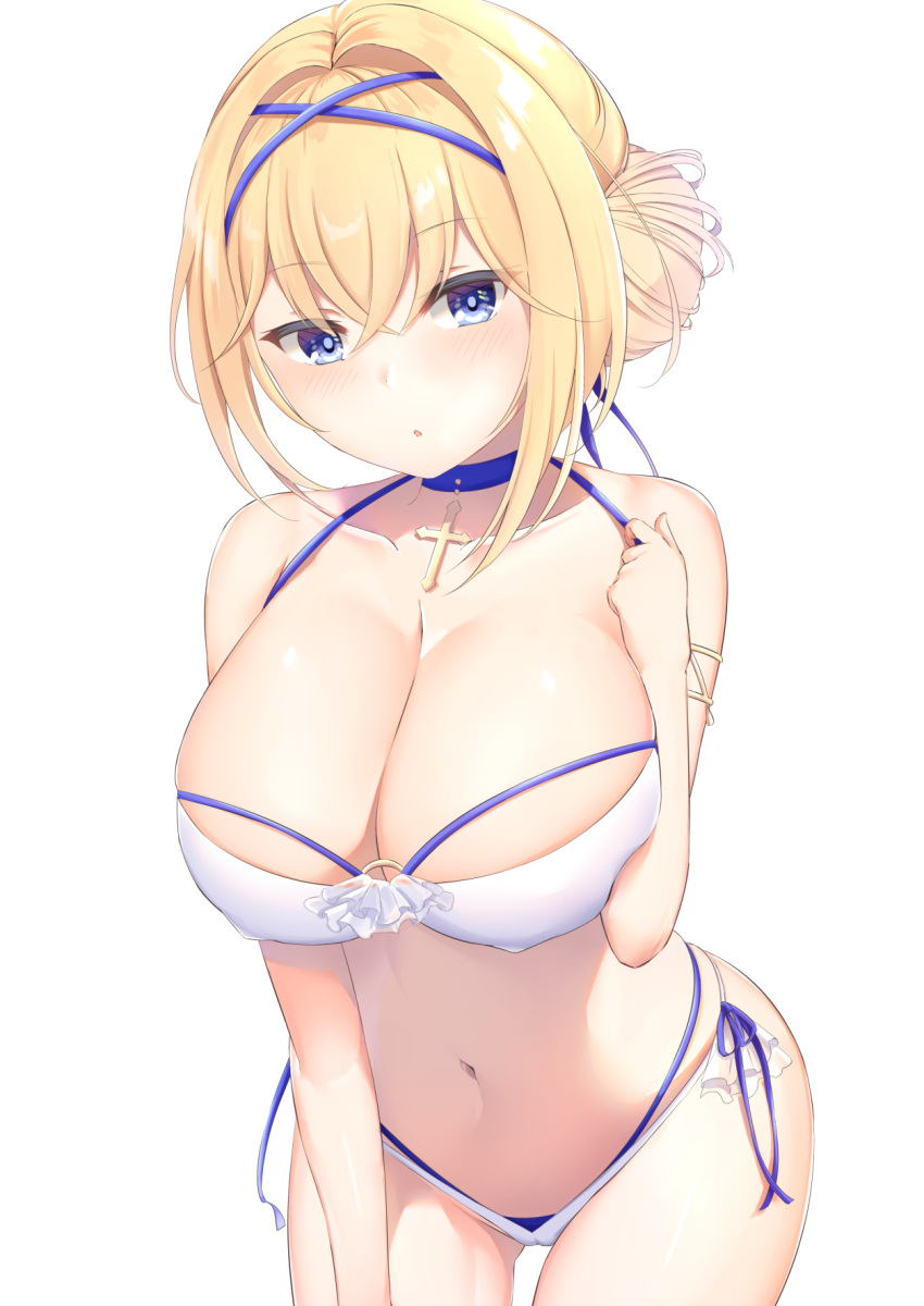 :o aqua_eyes armlet azur_lane bare_shoulders bikini blonde_hair blue_choker blue_ribbon breasts cameltoe choker cleavage commentary_request covered_nipples cross cross_choker female hair_bun hand_up highres jeanne_d'arc_(azur_lane) jeanne_d'arc_(saintess_of_the_sea)_(azur_lane) kanata_(kanade_pa) large_breasts layered_bikini leaning_forward looking_at_viewer navel o-ring o-ring_bikini o-ring_top official_alternate_costume open_mouth ribbon short_hair side-tie_bikini_bottom simple_background single_hair_bun skindentation solo stomach swimsuit white_background white_bikini