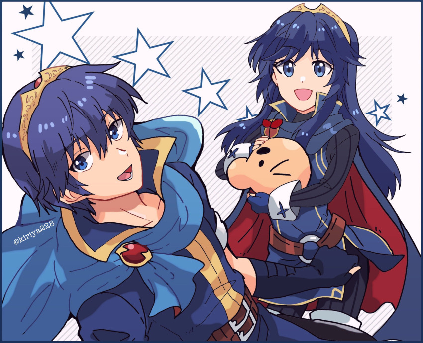 1boy ancestor_and_descendant armor blue_eyes blue_hair blush doseisan female fire_emblem fire_emblem:_mystery_of_the_emblem fire_emblem_awakening gloves highres hug kiriya_(552260) long_hair looking_at_viewer lucina_(fire_emblem) marth_(fire_emblem) mother_(game) mother_2 open_mouth quiff smile super_smash_bros. tiara very_long_hair