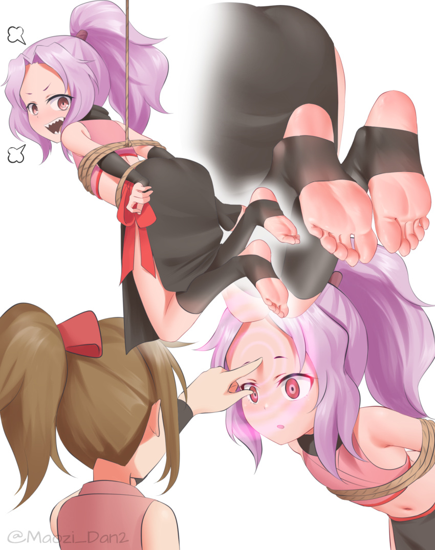 2girls ass black_skirt black_socks bondage bondage bound brown_hair cropped_shirt english_commentary feet foot_focus forehead full_body hair_ribbon highres hinagiku_(kunoichi_tsubaki_no_mune_no_uchi) hypnosis kunoichi_tsubaki_no_mune_no_uchi legs looking_back maozi_dan midriff mind_control multiple_girls multiple_views navel ninja no_shoes parted_bangs ponytail purple_hair red_eyes red_ribbon ribbon rope sazanka_(kunoichi_tsubaki_no_mune_no_uchi) sharp_teeth shiny_skin shirt side_slit sidelocks skirt sleeveless sleeveless_shirt socks soles stirrup_legwear teeth thighs toeless_legwear toes twitter_username upper_body