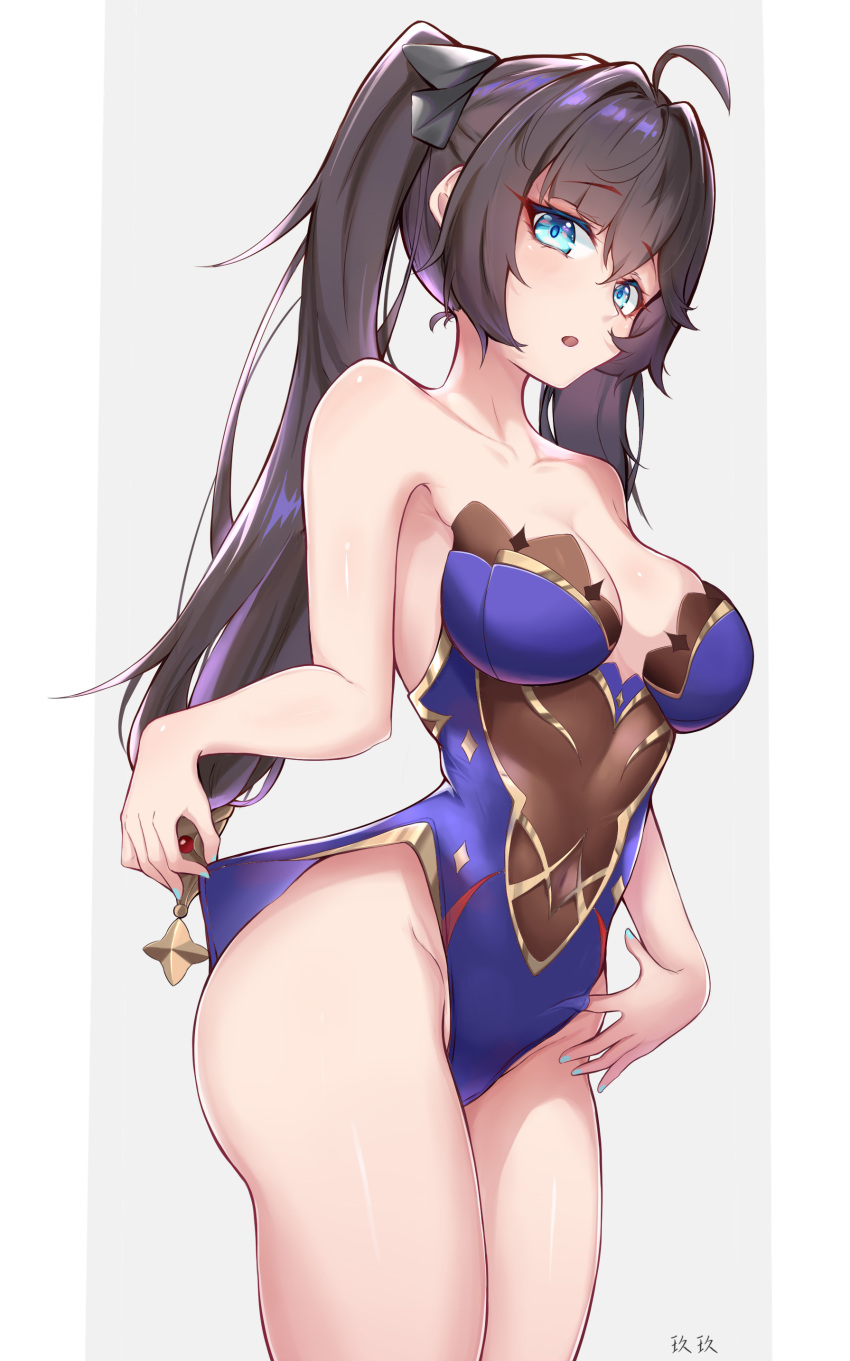 :o absurdres adjusting_clothes adjusting_leotard ahoge alternate_eye_color bare_legs bare_shoulders black_hair blue_eyes breasts chinese_commentary collarbone commentary_request female genshin_impact gold_trim groin highres leotard long_hair medium_breasts mona_(genshin_impact) purple_leotard qingshuisi_yu_ji solo thighs twintails