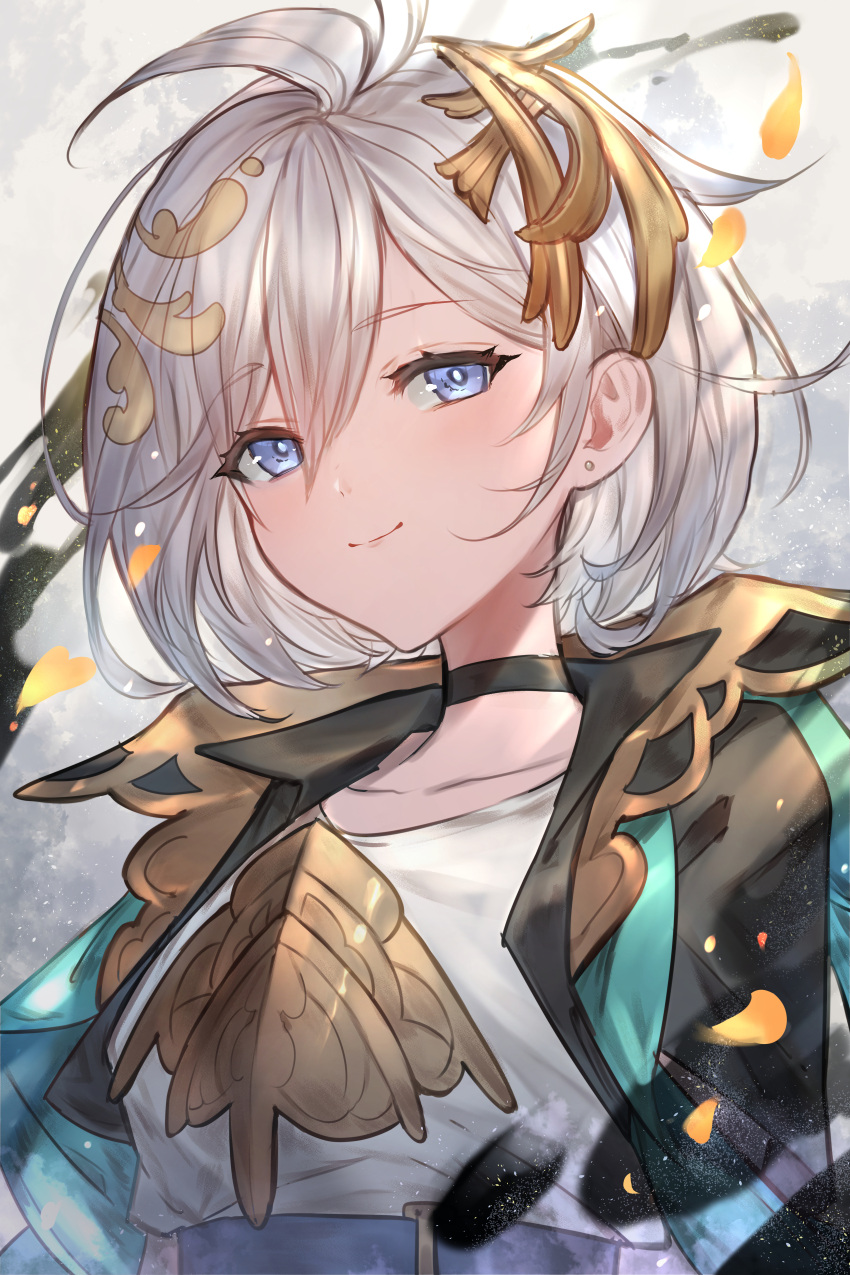 absurdres ahoge choker ear_piercing female granblue_fantasy grey_hair hair_ornament highres looking_at_viewer piercing short_hair smile solo suzu_(suzuame329) unmoving_pattern upper_body yuni_(granblue_fantasy)