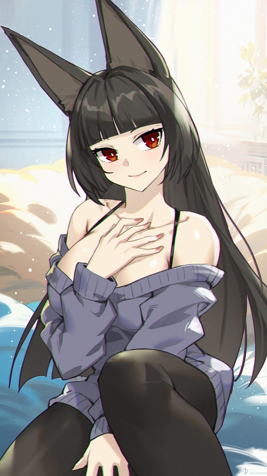 animal_ears bare_shoulders black_hair black_pantyhose blunt_bangs bra_strap breasts female grey_sweater hand_on_own_chest head_tilt highres hoshimi_miyabi large_breasts linreplica long_hair long_sleeves looking_at_viewer off-shoulder_sweater off_shoulder pantyhose red_eyes sitting smile solo sweater very_long_hair zenless_zone_zero