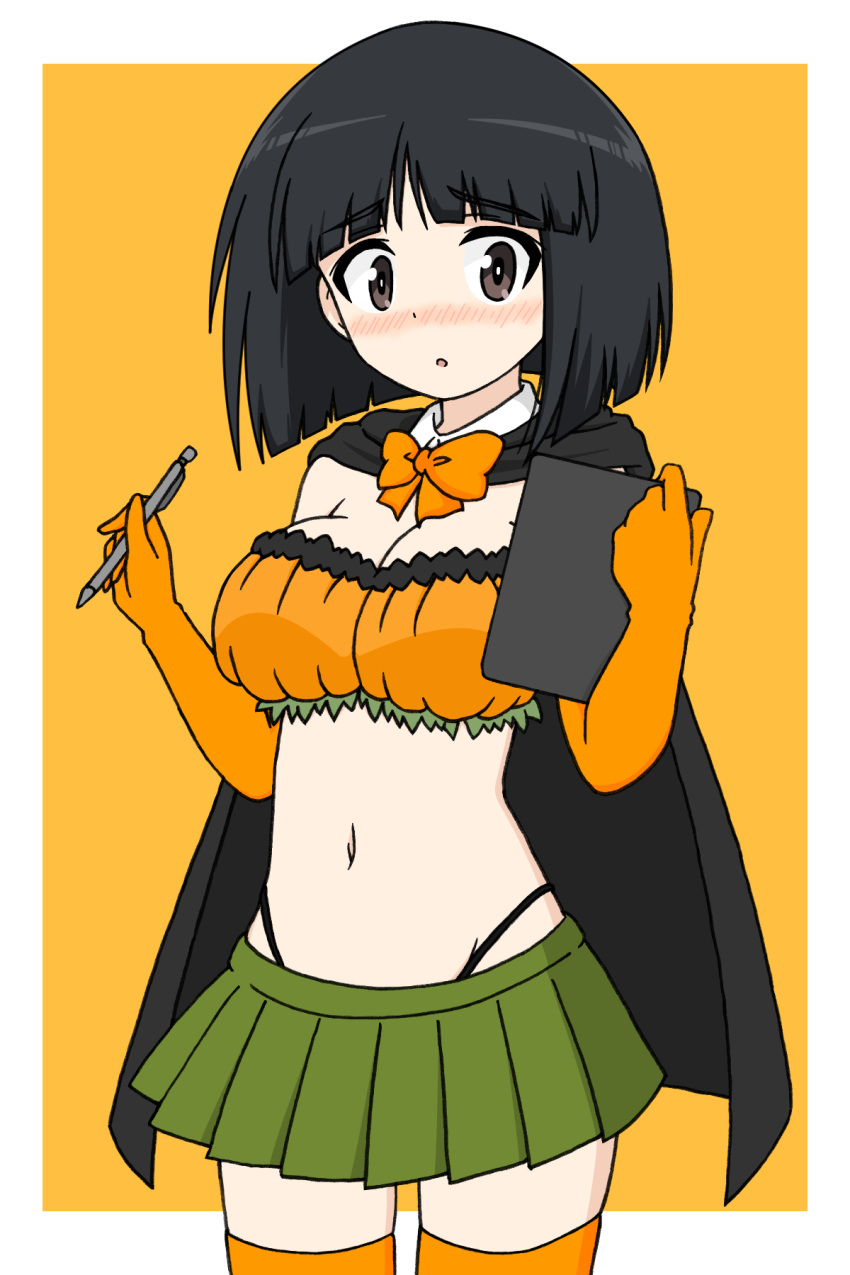 bandeau black_cape black_eyes black_hair black_panties blunt_bangs blunt_ends blush bob_cut border bow bowtie breasts cape clipboard collar commentary cowboy_shot elbow_gloves female girls_und_panzer gloves gotou_moyoko green_skirt halloween halloween_costume highleg highleg_panties highres holding holding_clipboard holding_pencil ichinose_jun light_frown looking_at_viewer mechanical_pencil medium_breasts medium_hair microskirt navel orange_background orange_gloves orange_shirt orange_thighhighs outside_border panties parted_lips pencil pleated_skirt shirt skirt solo standing thighhighs underwear white_border white_collar wing_collar