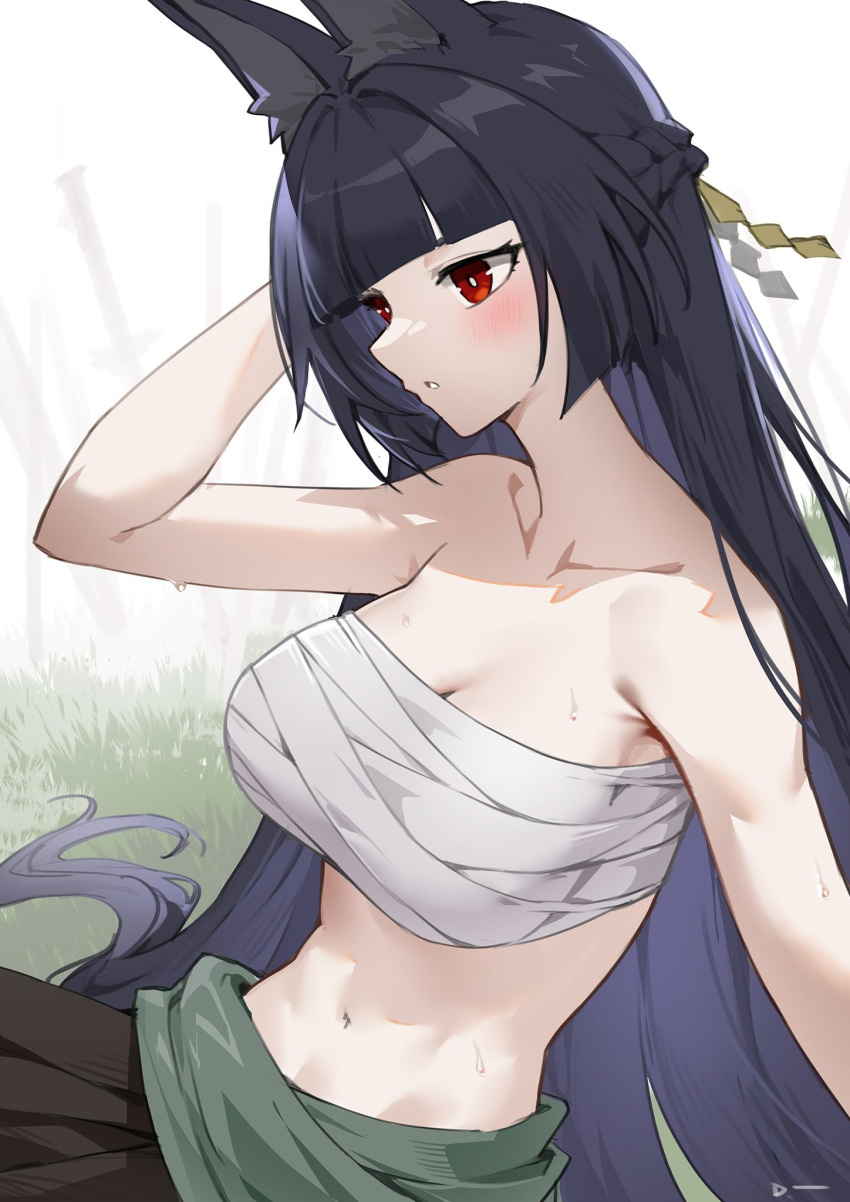 animal_ears bandages bandeau bare_arms bare_shoulders black_hair blunt_bangs blush breasts chest_sarashi cleavage female grass green_sash highres hoshimi_miyabi large_breasts linreplica long_hair midriff navel parted_lips red_eyes sarashi sash solo stomach strapless tube_top upper_body very_long_hair zenless_zone_zero