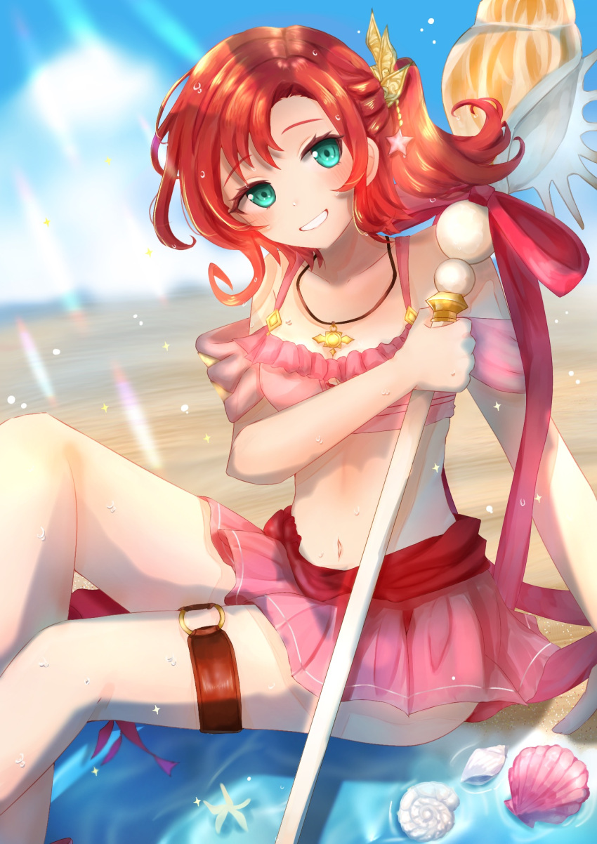 beach belt bikini blue_eyes breasts collarbone commentary_request conch female fire_emblem fire_emblem:_mystery_of_the_emblem fire_emblem_heroes frilled_bikini frills gem hair_ornament highres hinagiku_(xyaj8532) holding holding_polearm holding_weapon jewelry knees_up legs light_rays looking_at_viewer medium_hair navel necklace norne_(fire_emblem) norne_(summer)_(fire_emblem) o-ring official_alternate_costume orange_hair parted_bangs partial_commentary pearl_(gemstone) pink_bikini polearm ponytail red_bikini red_sash sash shell sitting small_breasts smile solo spear star_(symbol) starfish swimsuit teeth thigh_belt thigh_strap water weapon