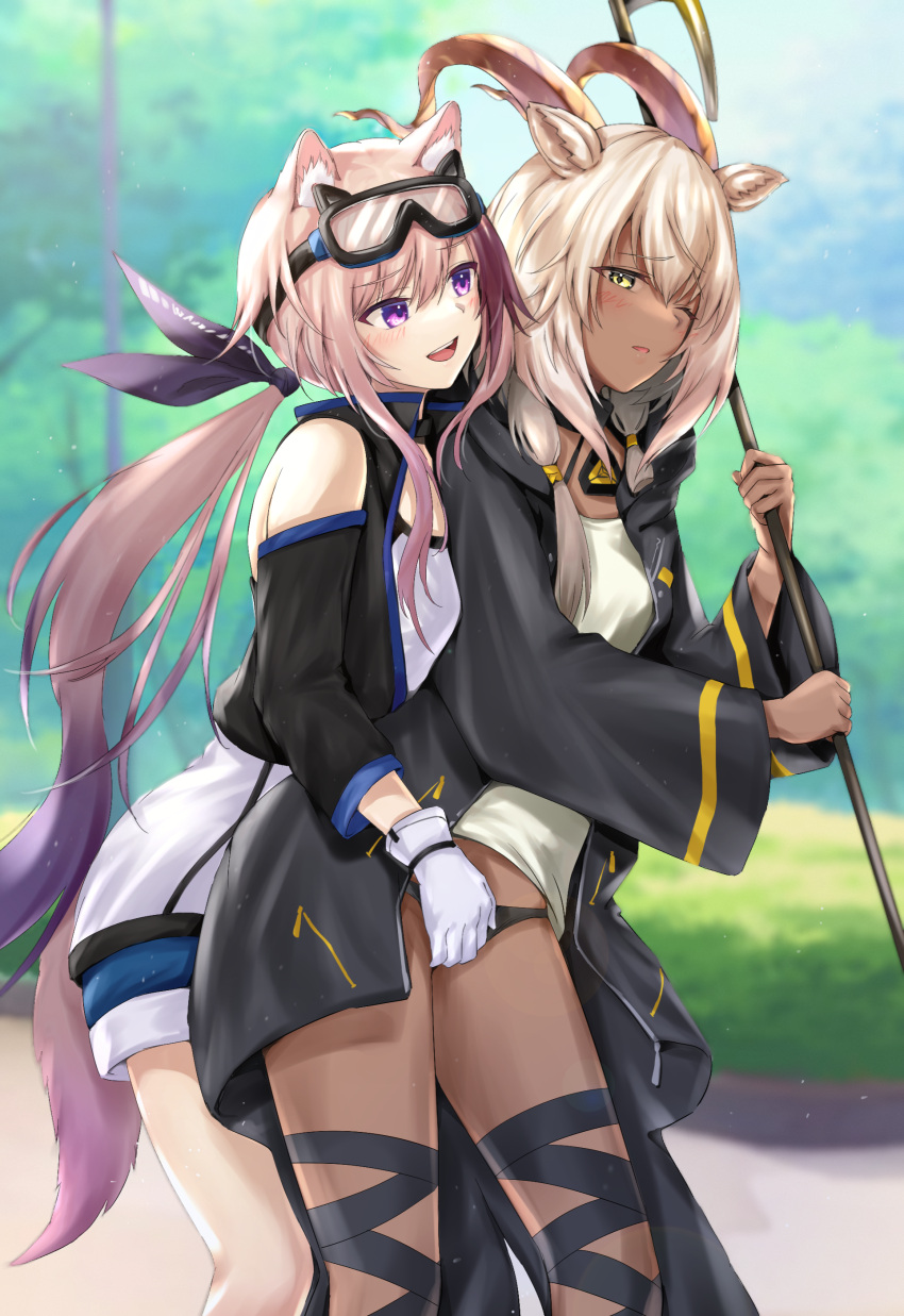 2girls absurdres animal_ear_fluff animal_ears arknights bangs bare_shoulders beeswax_(arknights) blurry blurry_background blush cardigan_(arknights) detached_sleeves eyebrows_visible_through_hair gloves goggles goggles_on_head green_eyes hair_ornament highres light_brown_hair long_hair long_sleeves multiple_girls one_eye_closed outdoors parted_lips ponytail purple_eyes sauvignon smile staff tail thighs white_gloves yuri