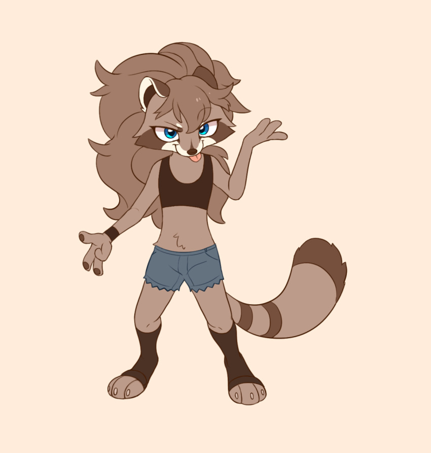 4_fingers anthro blep blue_eyes bottomwear clothing cutoffs daisy_dukes denim denim_bottomwear denim_clothing drtuo feet female fingers flat_chested hair hi_res hotpants looking_at_viewer mammal paws ponytail procyonid raccoon shorts simple_background slim solo tongue tongue_out