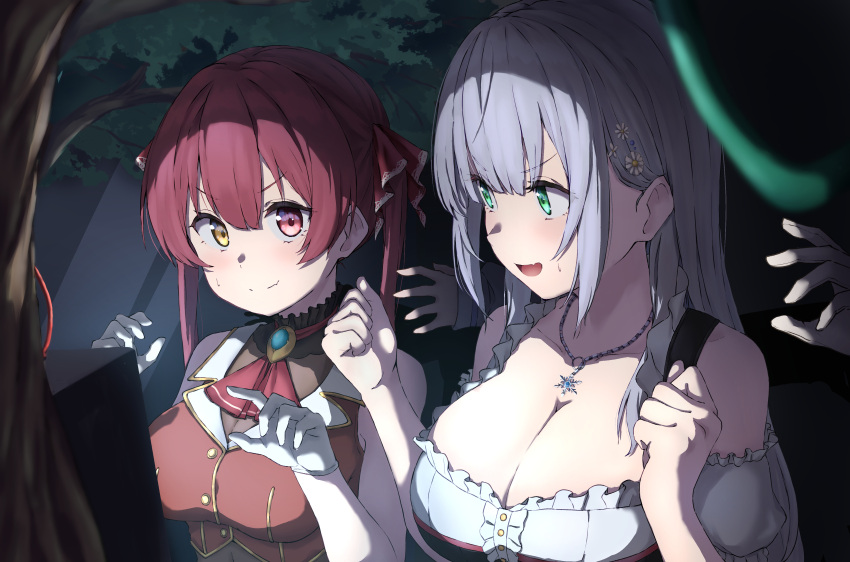 2girls 6mint absurdres aqua_eyes bare_shoulders breasts cleavage closed_mouth commentary_request flower grey_hair hair_flower hair_ornament hands_up heterochromia highres hololive houshou_marine houshou_marine_(1st_costume) jewelry large_breasts long_hair multiple_girls necklace night official_alternate_costume open_mouth pink_eyes red_hair shirakami_fubuki shirogane_noel shirogane_noel_(dirndl) smile sweatdrop virtual_youtuber yellow_eyes