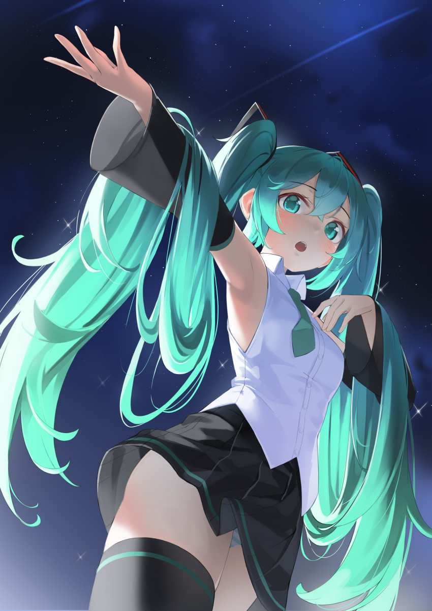 absurdres aqua_hair armpits black_skirt black_sleeves black_thighhighs collared_shirt commentary cowboy_shot detached_sleeves dress_shirt female from_below green_eyes green_necktie hair_between_eyes hair_ornament hatsune_miku highres kimyo long_hair long_sleeves miniskirt necktie night open_mouth outdoors outstretched_arm panties pantyshot pleated_skirt shirt short_necktie skirt sky sleeveless sleeveless_shirt solo standing star_(sky) starry_sky striped_clothes striped_panties thighhighs twintails underwear very_long_hair vocaloid white_shirt wing_collar