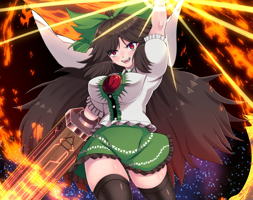 absurdres arm_cannon arm_up ass_visible_through_thighs aura bird_wings black_panties black_thighhighs blush bow breasts breasts_day brown_hair buttons cape center_frills collared_shirt control_rod doku_yanagi evil_grin evil_smile eyelashes fangs feathered_wings female frilled_shirt_collar frilled_skirt frilled_sleeves frills green_bow green_skirt grin hairbow highres large_breasts long_hair looking_at_viewer open_mouth panties panty_peek parted_bangs puffy_short_sleeves puffy_sleeves red_eyes reiuji_utsuho serious shiny_skin shirt short_sleeves sidelocks skirt smile solo standing teeth thighhighs thighs third_eye touhou underwear weapon white_cape white_shirt wing_collar wings