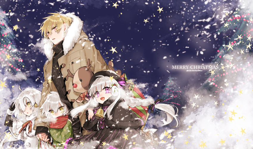 1boy 3girls 88_(einnimnech) absurdres ahoge alternate_costume alternate_eye_color alternate_hairstyle baggy_clothes bell black_dress black_gloves black_headwear blizzard blonde_hair blush bow bowtie braid braided_ponytail breath christmas christmas_tree closed_mouth coat cold dress elbow_gloves english_text fate/apocrypha fate/extra fate/grand_order fate_(series) fur_trim gilgamesh_(caster)_(fate) gilgamesh_(fate) gloves green_shirt grey_hair hair_between_eyes hair_ornament hair_ribbon hat headpiece highres holding holding_hands horns jack_the_ripper_(fate/apocrypha) jeanne_d'arc_alter_santa_lily_(fate) jewelry long_hair long_sleeves merry_christmas multiple_girls necklace nursery_rhyme_(fate) open_clothes open_coat open_mouth outdoors purple_eyes red_eyes red_ribbon red_scarf ribbon scarf shirt short_hair sidelocks single_braid skirt sky snow snowflakes snowing star_(symbol) stuffed_animal stuffed_toy toy twin_braids upper_body white_hair wind winter_uniform yellow_eyes