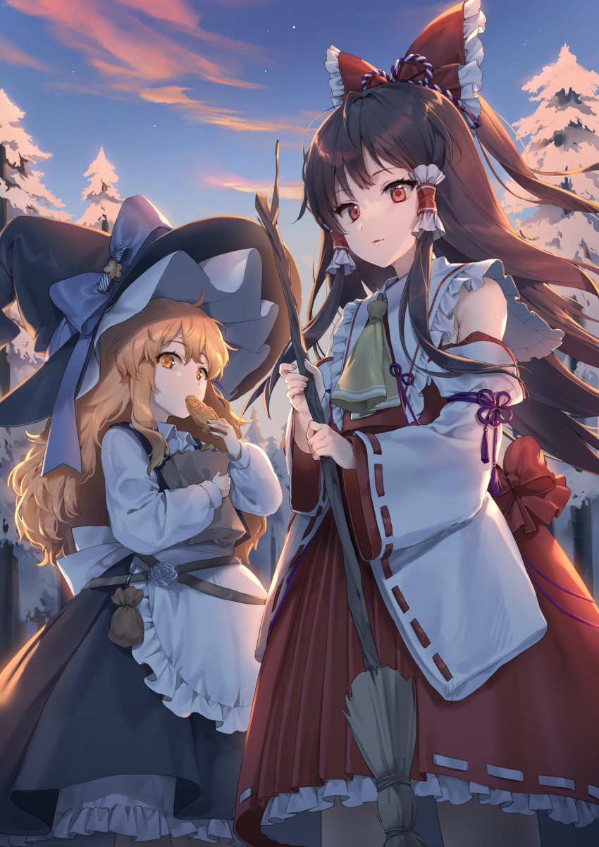 2girls apron ascot banned_artist bare_shoulders black_hair black_headwear black_skirt blonde_hair bow broom commentary_request detached_sleeves dress frilled_bow frilled_shirt_collar frills hairbow hajin hakurei_reimu hat highres holding holding_broom kirisame_marisa long_hair long_sleeves multiple_girls outdoors petticoat red_bow red_dress red_eyes skirt touhou waist_apron white_apron wide_sleeves witch_hat yellow_eyes yellow_neckwear