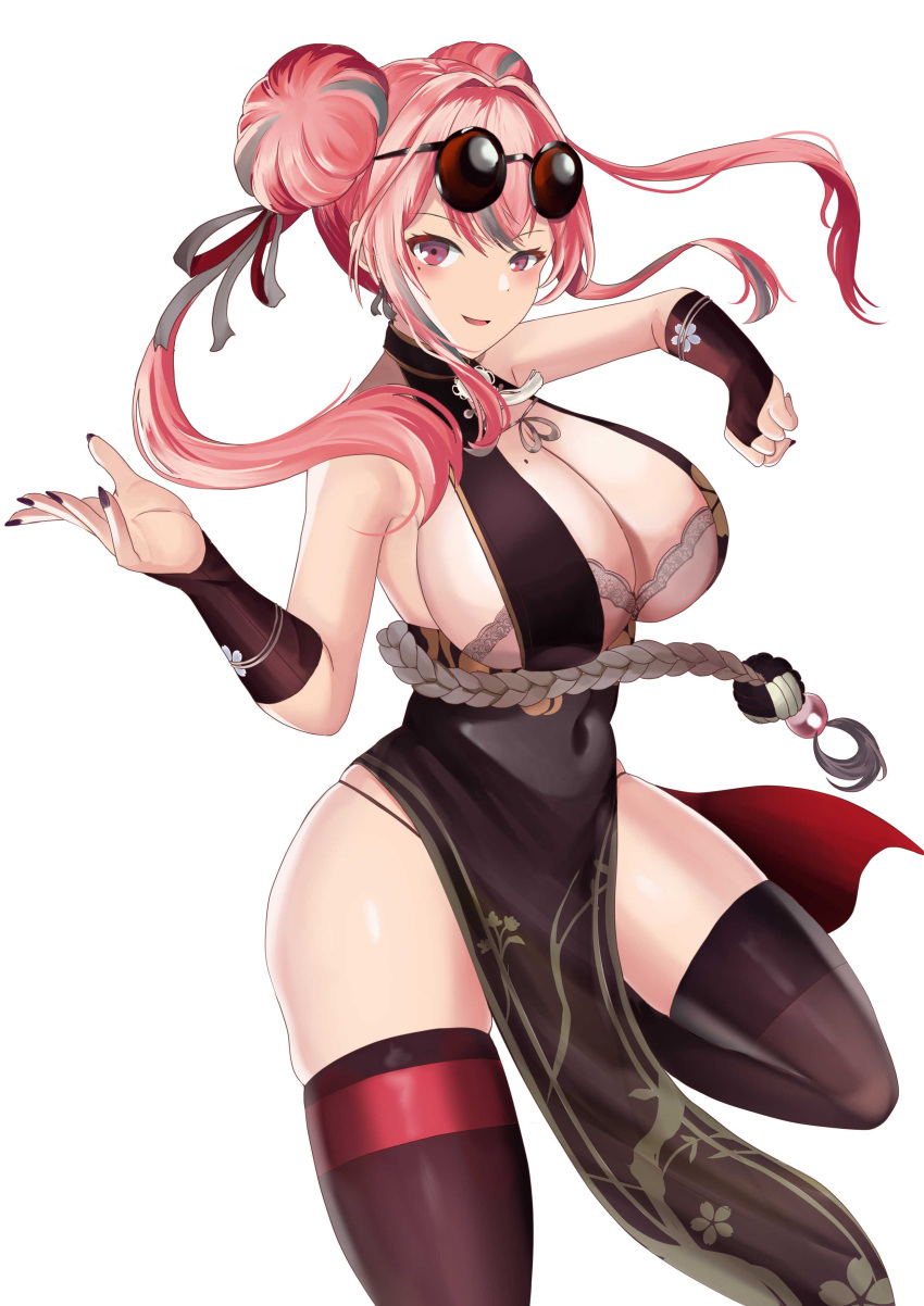 absurdres azur_lane bra bra_peek breasts bremerton_(azur_lane) bremerton_(kung_fu_cruiser)_(azur_lane) brown_bra china_dress chinese_clothes cleavage commentary dress eagle_union_(emblem) eyewear_on_head female highres huge_breasts looking_at_viewer mole mole_on_breast mole_under_eye official_alternate_costume panties pink_eyes pink_hair round_eyewear solo strapless strapless_bra thighhighs tian_kazuki tinted_eyewear underwear