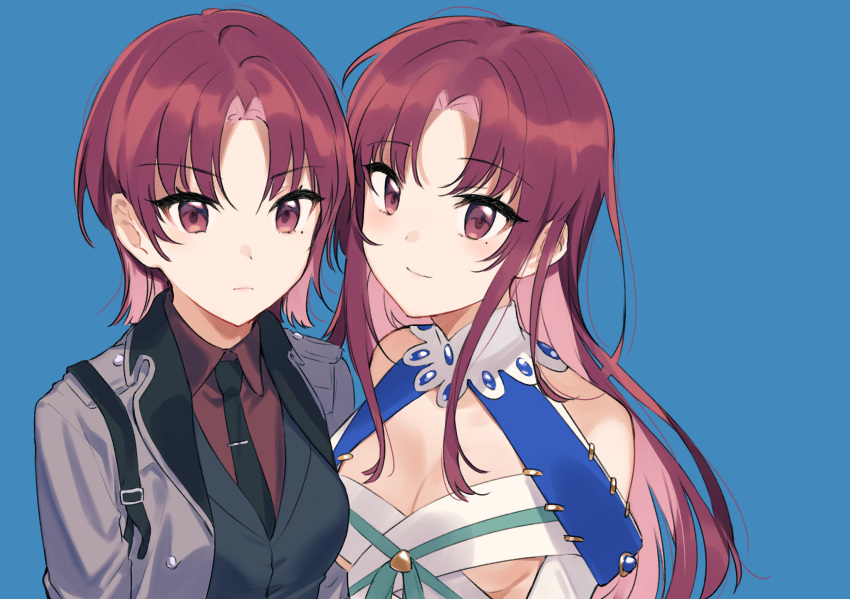 2girls bazett_fraga_mcremitz black_necktie black_vest blue_background breasts brown_eyes brown_hair brown_shirt choker cleavage closed_mouth collared_shirt colored_inner_hair fate/grand_order fate/hollow_ataraxia fate_(series) grey_jacket hair_intakes highres jacket long_hair looking_at_viewer manannan_mac_lir_(fate) medium_breasts mole mole_under_eye multicolored_hair multiple_girls necktie open_clothes open_jacket rizu033 shirt short_hair smile underboob upper_body vest white_choker wing_collar