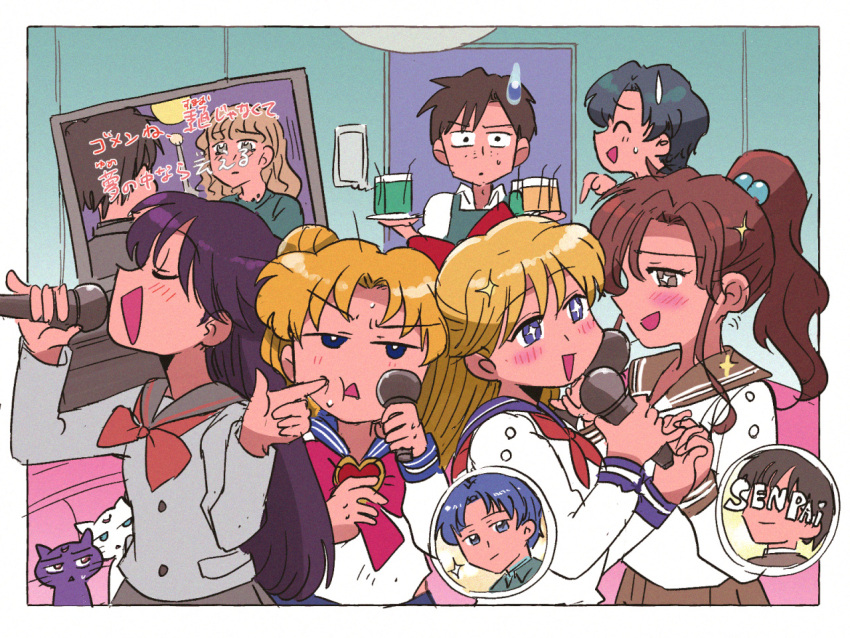 +_+ aino_minako artemis_(sailor_moon) bishoujo_senshi_sailor_moon black_sailor_collar blonde_hair blue_eyes blue_sailor_collar blue_skirt blush border bow brooch brown_eyes brown_hair brown_sailor_collar brown_skirt character_request cheek_poking closed_eyes commentary_request double_bun eye_contact feline furuhata_motoki grey_shirt hair_bobbles hair_bun hair_ornament hairbow hands_up happy heart heart_brooch hino_rei holding holding_hands holding_microphone interlocked_fingers jewelry jitome juuban_middle_school_uniform karaoke kino_makoto kino_makoto's_school_uniform long_hair long_sleeves looking_at_another luna_(sailor_moon) microphone mizuno_ami multiple_girls music neckerchief pleated_skirt poking ponytail red_bow red_neckerchief romaji_text sailor_collar school_uniform serafuku shirt short_hair singing skirt sweatdrop ta_girls_school_uniform translation_request tsubobot tsukino_usagi twintails white_border white_cat white_shirt