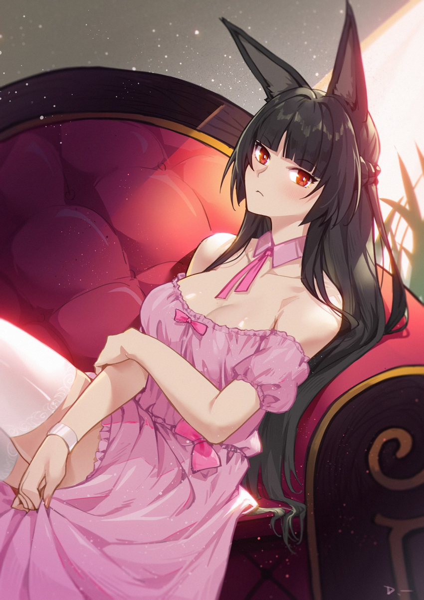 animal_ears bare_shoulders black_hair blunt_bangs braid breasts cleavage commentary detached_collar dress female french_braid highres hoshimi_miyabi light_particles linreplica long_hair looking_at_viewer medium_breasts off-shoulder_dress off_shoulder pink_dress pink_ribbon puffy_short_sleeves puffy_sleeves red_eyes ribbon short_sleeves sitting solo thighhighs thighs very_long_hair white_thighhighs zenless_zone_zero