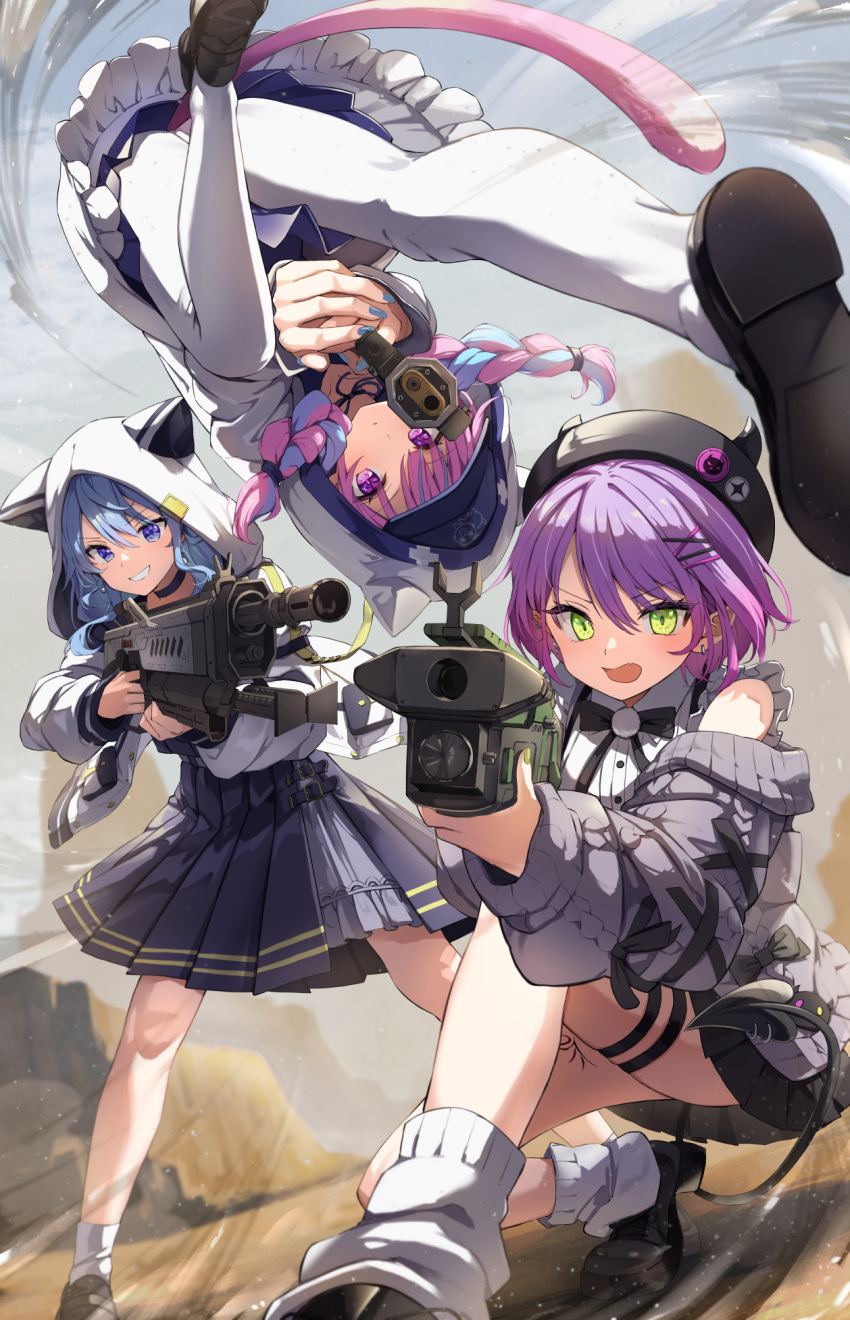 3girls animal_hood apex_legends b3_wingman baseball_cap black_bow black_bowtie black_footwear black_headwear black_skirt blue_choker blue_eyes blue_hair blue_headwear blue_nails blue_skirt bow bowtie braid cardigan cat_tail choker commentary demon_tail earrings green_eyes green_nails grey_cardigan grin gun hair_between_eyes hair_ornament hairclip hat highres holding holding_gun holding_weapon hololive hood hood_up hooded_jacket horned_hat hoshimachi_suisei hoshimachi_suisei_(school_uniform) jacket jewelry jirai_kei jumping leg_tattoo light_particles long_hair long_sleeves looking_at_viewer m1904_mastiff minato_aqua minato_aqua_(sailor) multicolored_hair multiple_girls nail_polish off_shoulder official_alternate_costume open_cardigan open_clothes open_jacket open_mouth pantyhose parted_lips piercing pink_hair pleated_skirt purple_eyes purple_hair rampage_lmg ribbon_choker shirt shoes short_hair skirt sleeveless sleeveless_shirt smile socks standing startend_(hololive) summer_tail720 tail tail_ornament tail_piercing tattoo thigh_strap tokoyami_towa tokoyami_towa_(jirai_kei) twin_braids twintails two-tone_hair virtual_youtuber weapon white_jacket white_pantyhose white_shirt white_socks x_hair_ornament