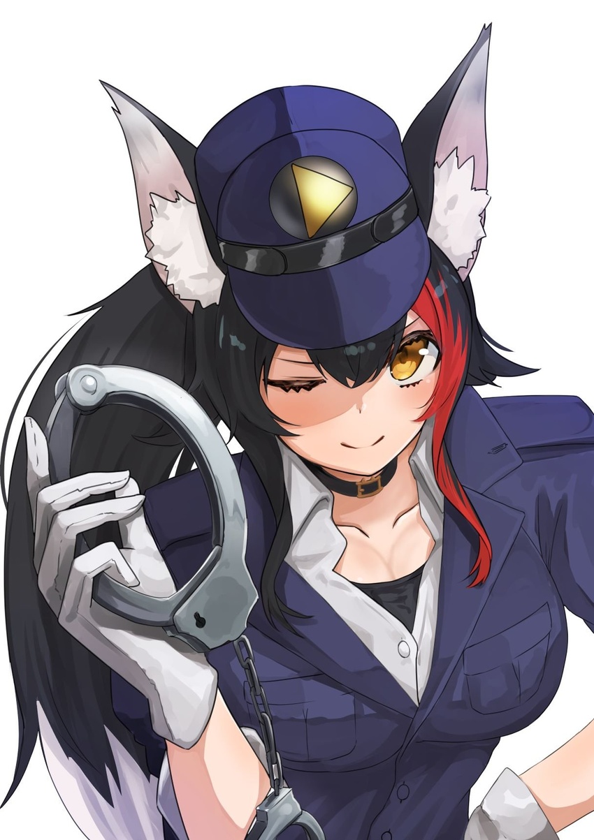 alternate_costume animal_ear_fluff animal_ears black_hair cuffs female gloves handcuffs highres hololive micon multicolored_hair one_eye_closed ookami_mio police police_uniform policewoman red_hair solo streaked_hair uniform virtual_youtuber white_gloves white_hair wolf_ears wolf_girl