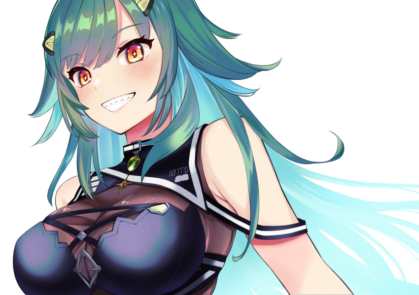 absurdres akaya_shiki bare_shoulders black_dress black_shirt blush breasts dress female gem green_hair grin headgear highres kitakoji_hisui kitakoji_hisui_(2nd_costume) large_breasts long_hair looking_at_viewer nijisanji see-through sharp_teeth shirt skindentation smile solo star_(symbol) star_in_eye strap_gap swept_bangs symbol_in_eye teeth upper_body virtual_youtuber yellow_eyes