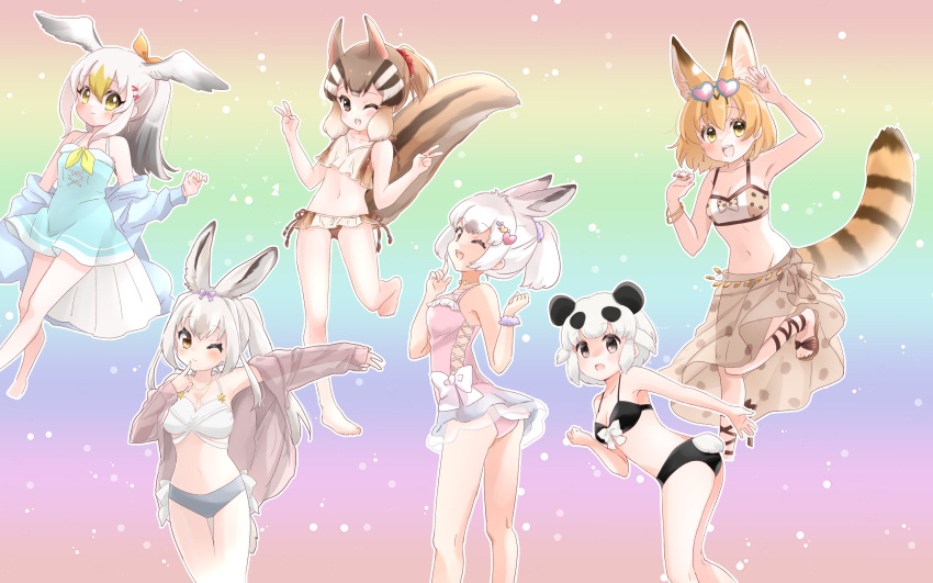 6+girls absurdres animal_ears bikini bird_girl bird_tail bird_wings cat_ears cat_girl cat_tail chipmunk_ears chipmunk_girl chipmunk_tail common_gull_(kemono_friends) extra_ears giant_panda_(kemono_friends) head_wings highres kemono_friends kemono_friends_3 kuromitsu_(9633_kmfr) long_hair mountain_hare_(kemono_friends) multiple_girls one-piece_swimsuit panda_ears panda_girl panda_tail rabbit_ears rabbit_girl rabbit_tail sarong serval_(kemono_friends) short_hair siberian_chipmunk_(kemono_friends) simple_background snowshoe_hare_(kemono_friends) swimsuit tail wings