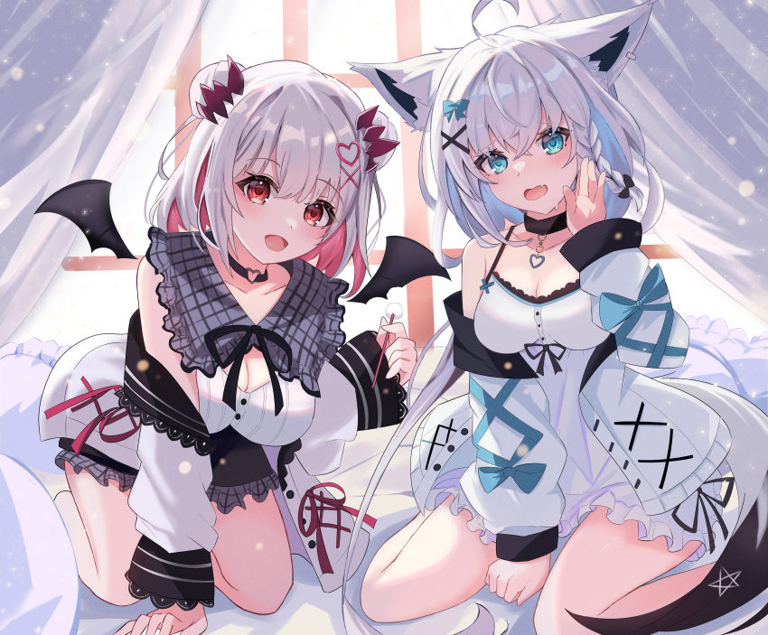 2girls absurdres ahoge animal_ear_fluff animal_ears bed black_choker black_skirt blush braid breasts choker cleavage colored_inner_hair commentary_request curtains demon_girl demon_horns demon_wings double_bun dress earrings fox_ears fox_girl fox_tail green_eyes hair_between_eyes hair_bun highres hololive horns indie_virtual_youtuber indoors jacket jewelry large_breasts long_hair looking_at_viewer medium_breasts mimikaki multicolored_hair multiple_girls oerba_yun_fang open_clothes open_jacket open_mouth red_eyes red_hair shirakami_fubuki shirt sidelocks single_braid sitting skin_fang skirt soma443 suou_patra tail virtual_youtuber wariza white_dress white_hair white_jacket white_shirt wind wings