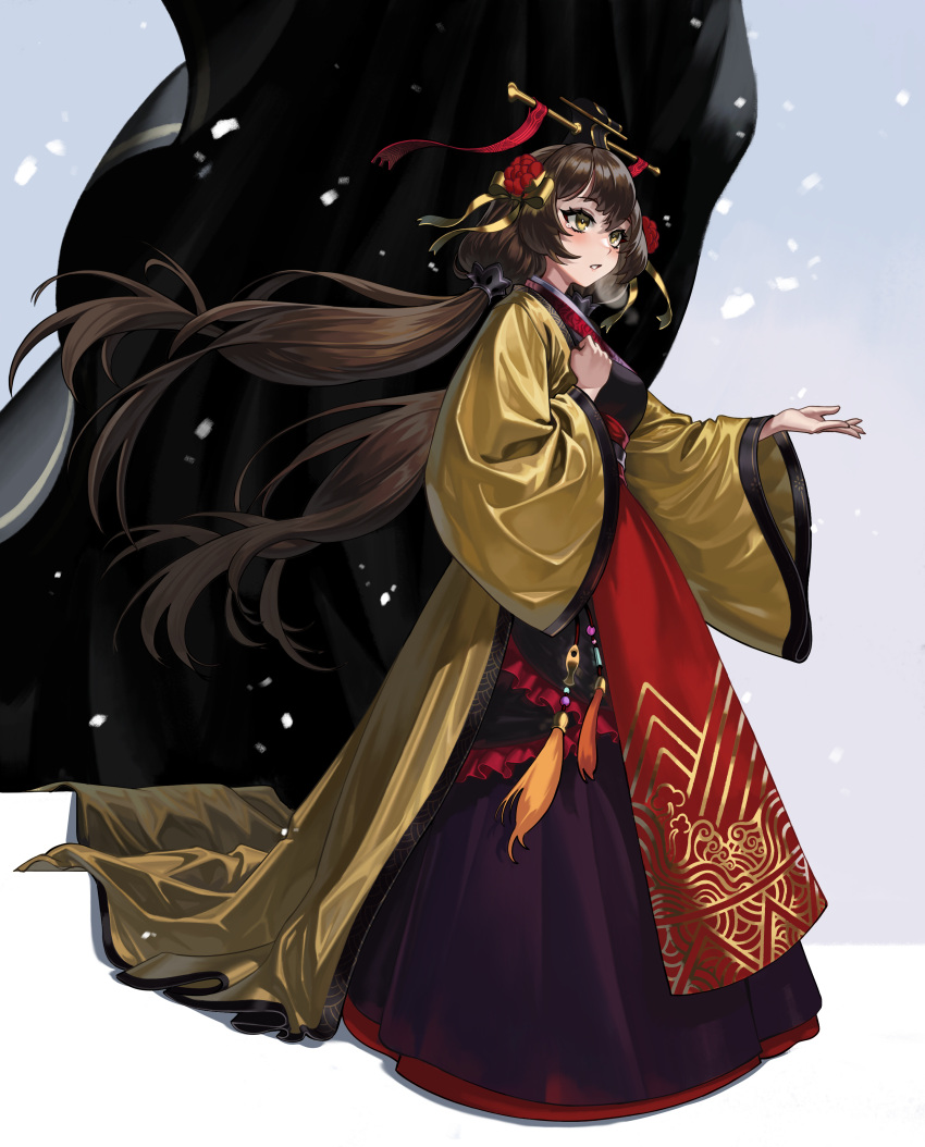 absurdres brown_hair chinese_clothes commentary_request dress emperor_xian female flower frilled_dress frills gemi_ningen genderswap_(mtf) guan_hat hair_flower hair_ornament hair_ribbon hair_tubes hanfu highres jewelry korean_commentary long_dress long_hair long_sleeves parted_lips player_na_wa red_flower ribbon romance_of_the_three_kingdoms rule_63 sash shawl snowing solo tassel very_long_hair wide_sleeves yaopei yellow_eyes