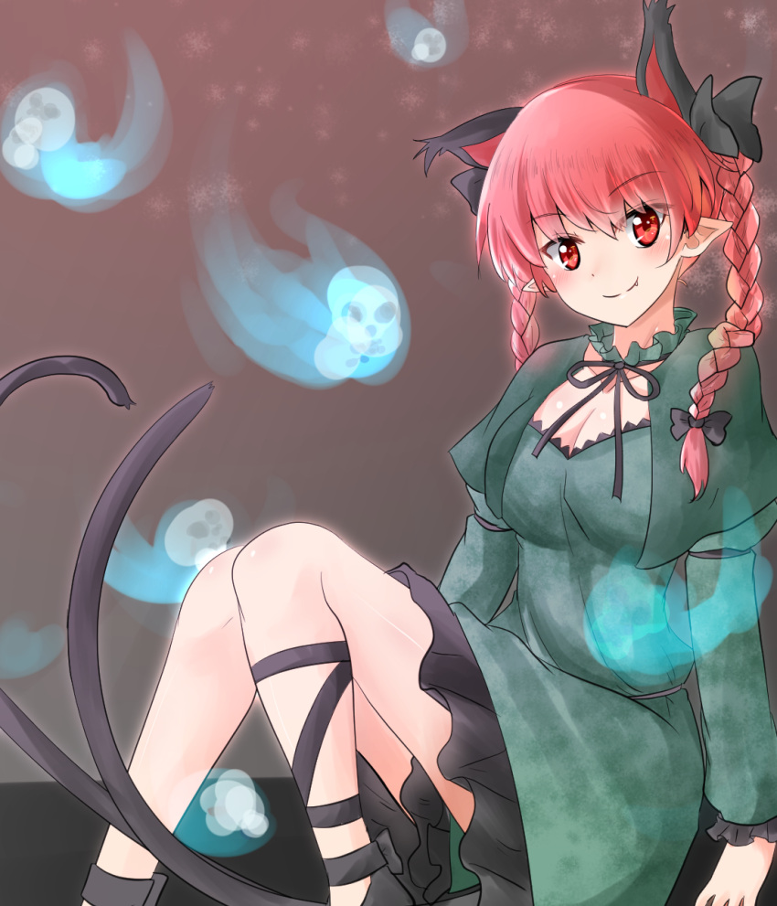 :3 animal_ears blush bow braid breasts cat_ears cat_tail cleavage extra_ears fang_out feet_out_of_frame female highres kaenbyou_rin knees_together_feet_apart leg_ribbon legs multiple_tails nekomata oerba_yun_fang oshiaki pointy_ears red_eyes red_hair ribbon sitting smile solo tail touhou twin_braids two_tails