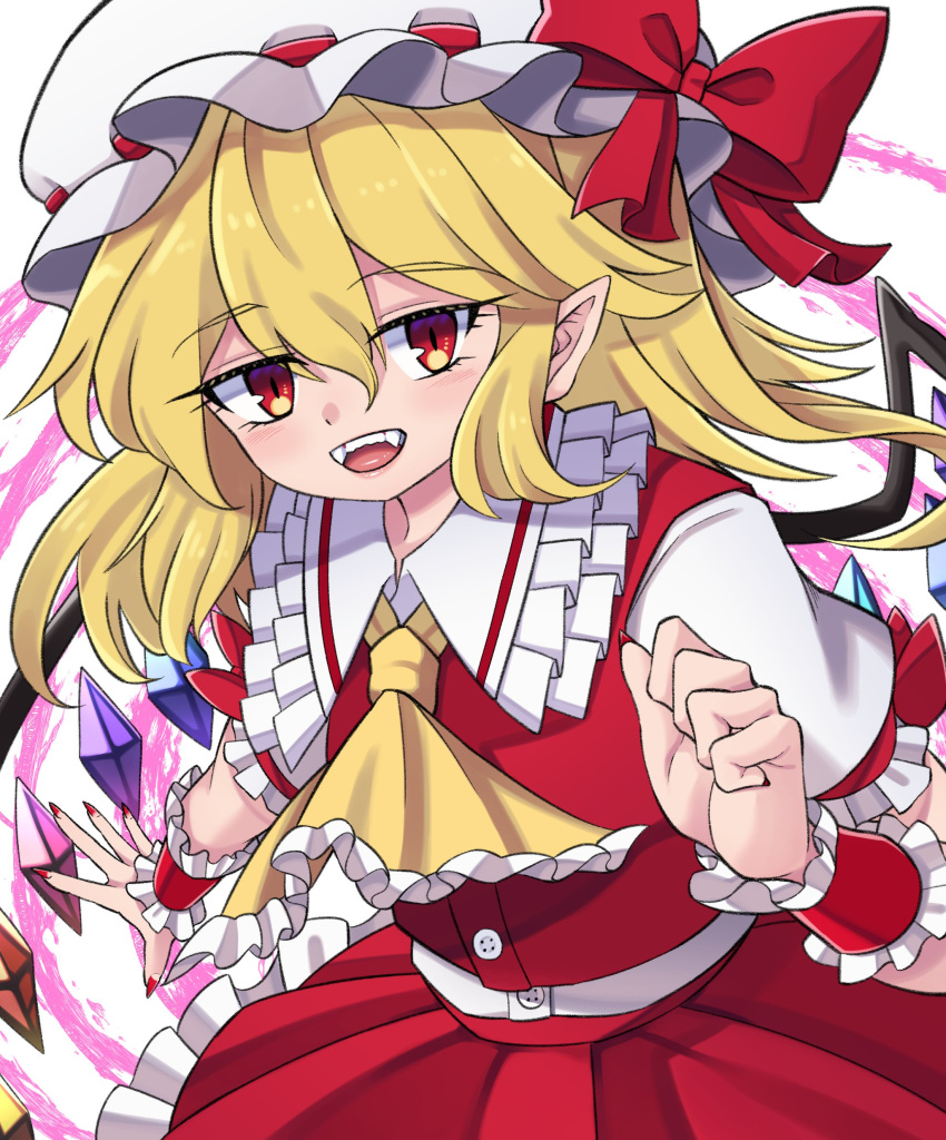 :d absurdres arm_up ascot aura blonde_hair blush bow buttons commentary_request crystal doku_yanagi dot_nose eyelashes fangs female fingernails flandre_scarlet frilled_shirt_collar frilled_skirt frills hat hat_bow hat_ribbon highres looking_at_viewer medium_hair mob_cap nail_polish one_side_up open_mouth pointy_ears puffy_short_sleeves puffy_sleeves red_bow red_eyes red_nails red_ribbon red_skirt red_vest ribbon shirt short_sleeves side_ponytail sidelocks simple_background skirt slit_pupils smile solo standing teeth touhou upper_body upper_teeth_only vest white_background white_hat white_shirt wings wrist_cuffs yellow_ascot