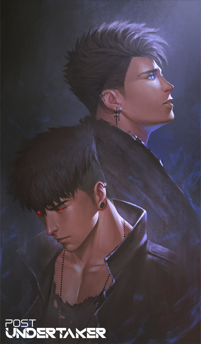 2boys absurdres bad_id bad_twitter_id black_hair blue_eyes collared_jacket ear_piercing earrings glowing glowing_eyes highres jacket jewelry leather leather_jacket looking_down looking_up male_focus messy_hair multiple_boys necklace nickakito open_clothes open_jacket original pectoral_cleavage pectorals piercing red_eyes shirt short_hair spiked_hair stud_earrings torn_clothes undercut upper_body very_short_hair