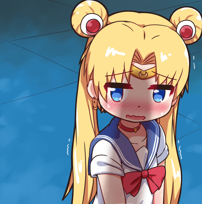 1boy absurdres bait_and_switch bishoujo_senshi_sailor_moon bishoujo_senshi_sailor_moon_s blonde_hair blue_background blue_eyes blue_sailor_collar blush bow bowtie chinese_commentary choker circlet collarbone derivative_work double_bun embarrassed female flat_chest hair_bun hair_intakes hair_ornament half-closed_eyes heart highres long_hair magical_girl meme no_brooch nose_blush open_mouth penis_shadow qswan red_bow red_bowtie red_choker sailor_collar sailor_moon sailor_moon_redraw_challenge_(meme) sailor_senshi_uniform school_uniform screenshot_redraw serafuku sexually_suggestive shadow shirt short_sleeves straight sweat trembling tsukino_usagi twintails upper_body wavy_mouth white_shirt