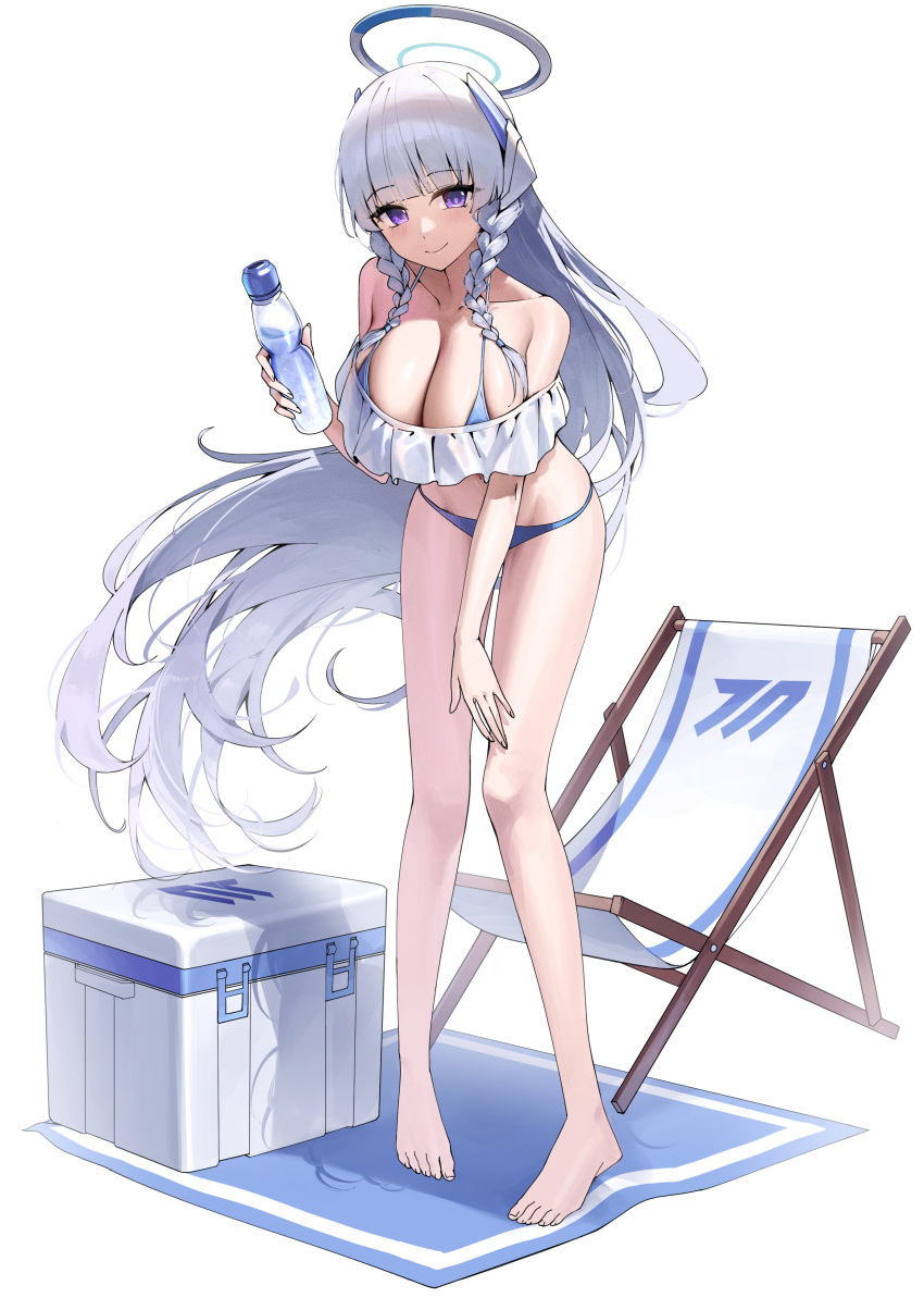 absurdres bare_legs bare_shoulders barefoot bikini blue_archive blue_bikini blush bottle braid breasts cleavage closed_mouth collarbone female grey_hair halo highres holding holding_bottle large_breasts leaning_forward long_hair looking_at_viewer mechanical_halo noa_(blue_archive) purple_eyes sbgu shadow simple_background smile solo standing swimsuit twin_braids white_background