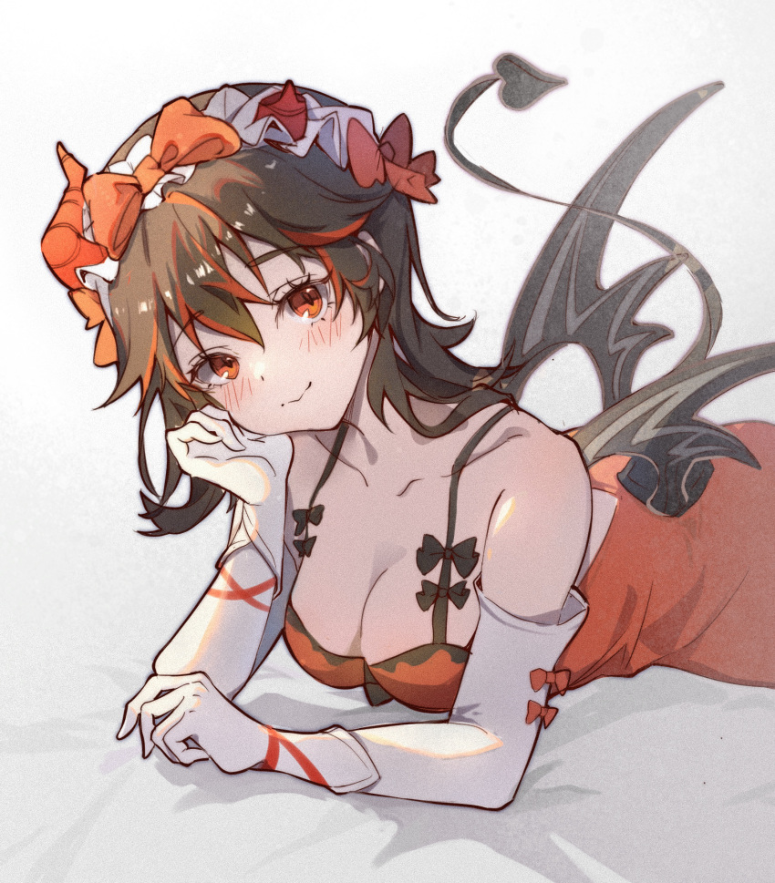 breasts brown_hair cleavage closed_mouth cloudyman dress elbow_gloves female gloves hair_between_eyes highres lucia:_plume_(punishing:_gray_raven) lucia_(punishing:_gray_raven) multicolored_hair punishing:_gray_raven red_dress red_eyes red_hair solo streaked_hair white_gloves