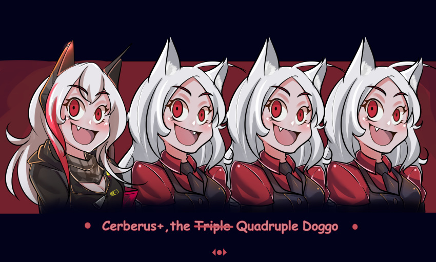 4girls :d abineko animal_ears arm_garter blush breasts cerberus_(helltaker) cleavage commentary crossover dog_ears english_commentary english_text girls'_frontline helltaker highres long_hair looking_at_viewer m4_sopmod_ii_(girls'_frontline) multiple_girls necktie odd_one_out oerba_yun_fang open_mouth red_eyes scarf siblings sisters smile trait_connection triplets vest waistcoat white_hair