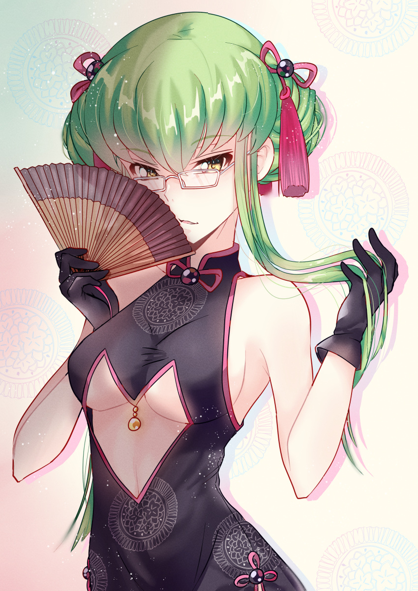 absurdres black_dress black_gloves breasts budgiepon c.c. clothing_cutout code_geass commentary cosplay dress fate/grand_order fate_(series) female gloves green_hair hair_between_eyes hair_ribbon hand_fan highres holding holding_fan holding_own_hair koyanskaya_(fate) koyanskaya_(fate)_(cosplay) looking_at_viewer medium_breasts rectangular_eyewear red_ribbon ribbon short_hair_with_long_locks sideboob sleeveless sleeveless_dress solo tamamo_(fate) underboob upper_body white-framed_eyewear white_background yellow_eyes