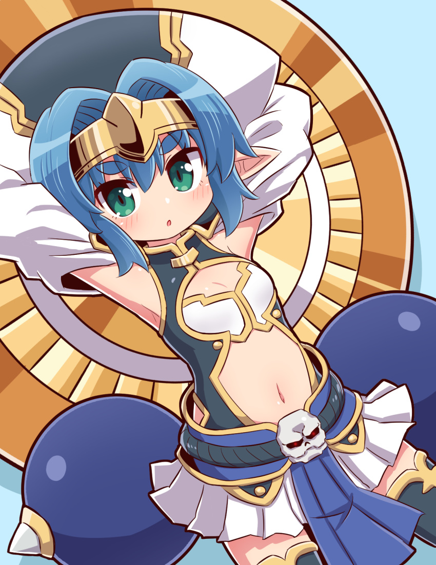 :o armpits arms_up black_thighhighs blue_background blue_hair blush breasts commentary_request detached_sleeves dutch_angle female green_eyes hair_between_eyes hair_intakes hat headpiece hellmatio highres looking_at_viewer naga_u navel parted_lips pleated_skirt revision shinrabanshou skirt small_breasts solo thick_eyebrows thighhighs white_hat white_skirt white_sleeves