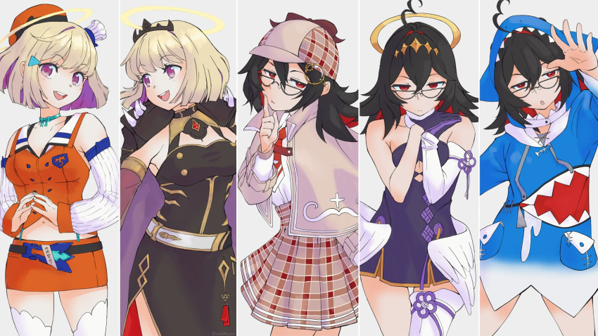 2girls :o ahoge alt_text animal_hood armpit_peek black_gloves black_hair blonde_hair breasts cape capelet colored_inner_hair column_lineup cosplay deerstalker detached_sleeves english_commentary enma-chan finger_to_mouth gawr_gura gawr_gura_(1st_costume) gawr_gura_(cosplay) glasses gloves halo hat highres hololive hololive_english holomyth hood jenma-chan medium_breasts mori_calliope mori_calliope_(cosplay) multicolored_hair multiple_girls ninomae_ina'nis ninomae_ina'nis_(cosplay) no_pants open_mouth orange_headwear own_hands_together purple_hair red_eyes red_hair redrawn shark_hood single_detached_sleeve single_thighhigh smile spikes takanashi_kiara takanashi_kiara_(cosplay) thighhighs tiara virtual_youtuber ware_to_nanji_ga_chikara_mote watson_amelia watson_amelia_(1st_costume) watson_amelia_(cosplay)