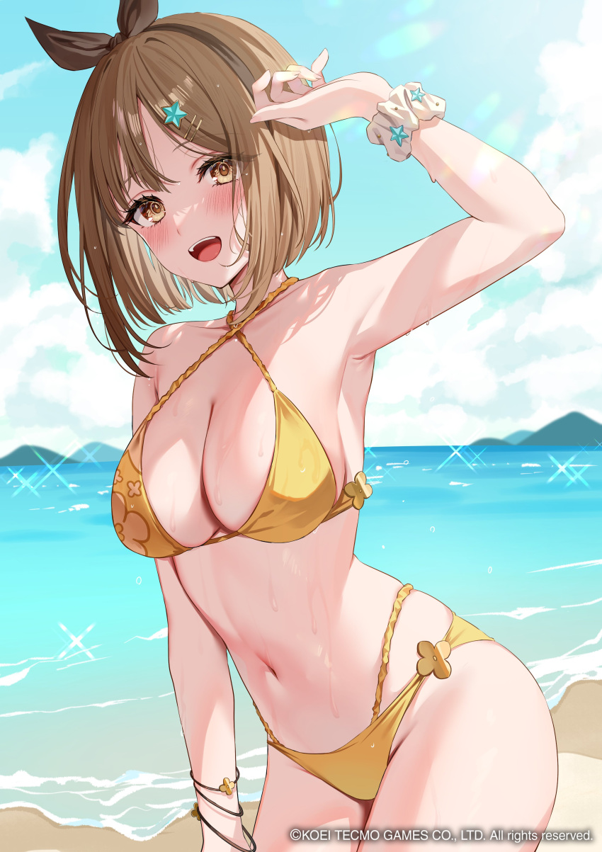 :d absurdres arm_up atelier_(series) atelier_resleriana atelier_ryza bikini black_hairband breasts brown_eyes brown_hair cleavage commentary_request criss-cross_halter female floral_print hair_ornament hairband halterneck highres hizuki_higure large_breasts looking_at_viewer navel ocean official_alternate_costume official_art outdoors reisalin_stout reisalin_stout_(sunlit_beach) scrunchie second-party_source short_hair smile solo starfish_hair_ornament string_bikini sunlight swimsuit wet wrist_scrunchie yellow_bikini