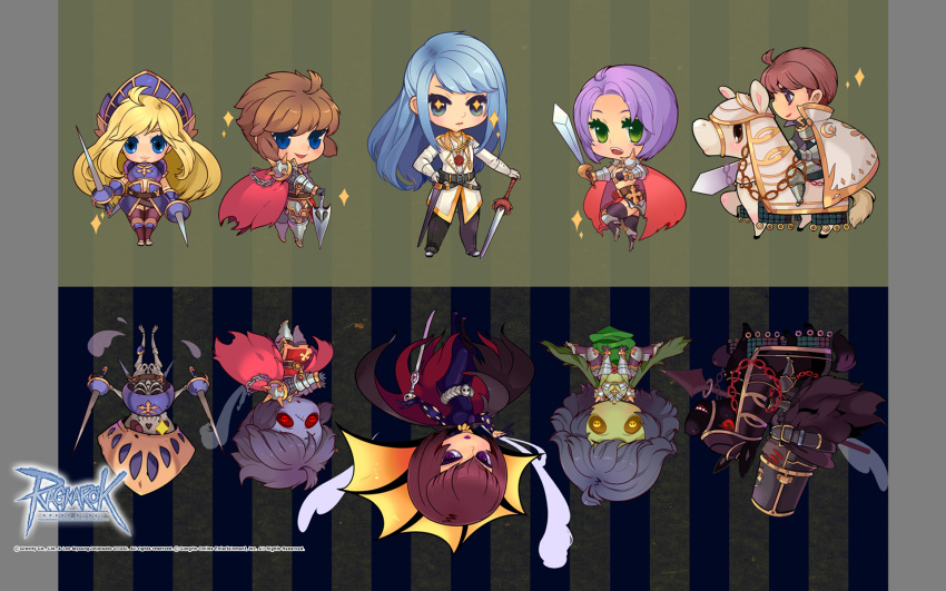 +_+ 2boys 4girls abysmal_knight agony_of_royal_knight armor armored_boots barding before_and_after black_armor black_cape black_hair black_pants black_thighhighs blonde_hair blue_armor blue_eyes blue_hair bodysuit boots breastplate brown_eyes brown_hair cane cape chains chibi chibi_only closed_mouth coat colored_sclera colored_skin copyright_notice cross_of_prontera darkirin dual_wielding expressionless full_body gauntlets green_background green_eyes green_skin half_updo heinrich_(ragnarok_online) highres himmelmez holding holding_cane holding_sword holding_weapon horse horseback_riding khalitzburg_(ragnarok_online) knight lance logo long_hair looking_at_viewer multiple_boys multiple_girls official_art official_wallpaper open_mouth pants pauldrons polearm purple_bodysuit purple_eyes purple_hair purple_skin ragnarok_online red_cape red_eyes red_sclera riding rune_knight_(ragnarok_online) shoes short_hair shoulder_armor skeleton smile spiked_pauldrons striped_background sword thighhighs undead visor_(armor) weapon white_cape white_coat zombie