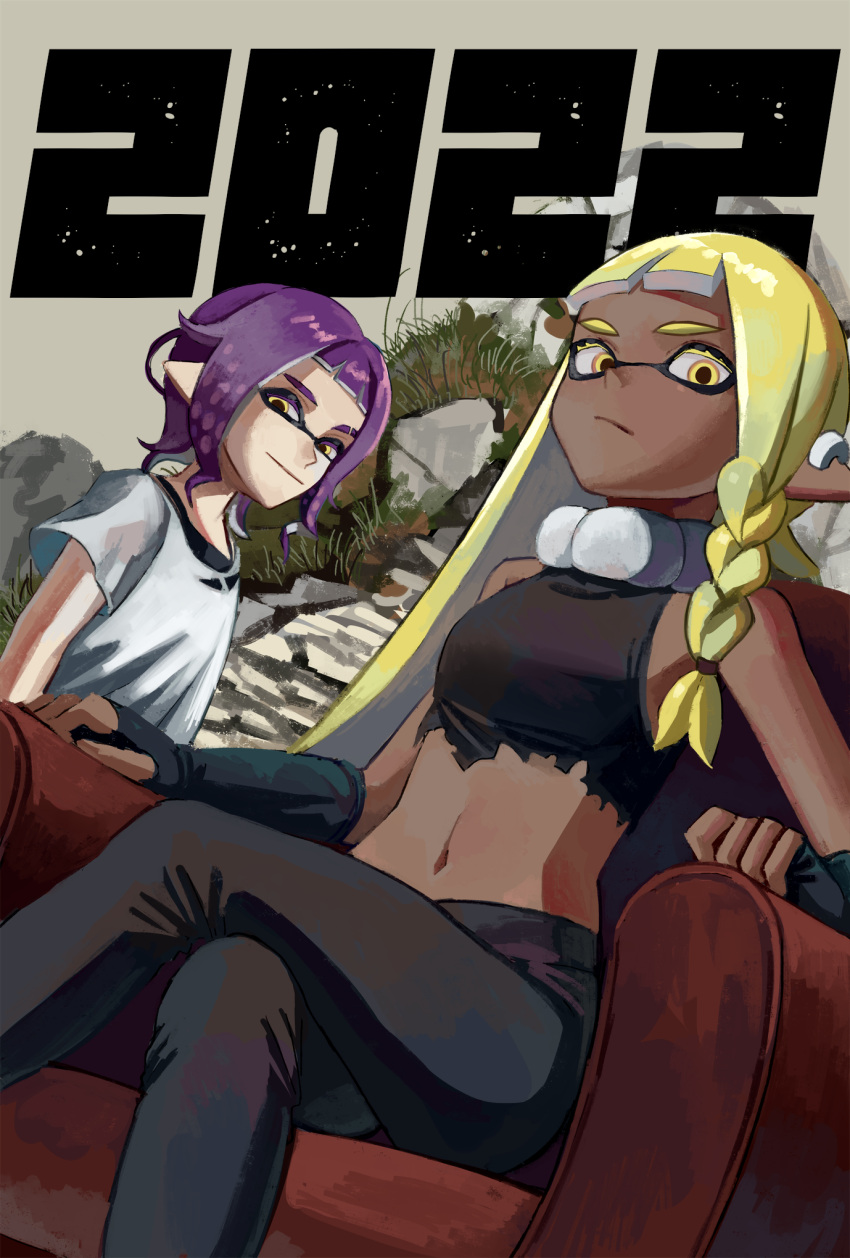 1boy 2022 agent_3_(splatoon_3) asymmetrical_hair bandaged_arm bandages bare_shoulders black_pants black_shirt blonde_hair braid breasts choker closed_mouth colored_eyelashes commentary_request crop_top crossed_legs dark-skinned_female dark_skin earclip eyebrow_cut female highres inkling inkling_boy inkling_girl inkling_player_character long_hair looking_at_viewer midriff navel on_chair pants pointy_ears purple_hair shirt short_hair shousan_(hno3syo) single_braid sitting splatoon_(series) splatoon_3 tentacle_hair torn_clothes torn_shirt undershirt white_choker white_shirt yellow_eyes