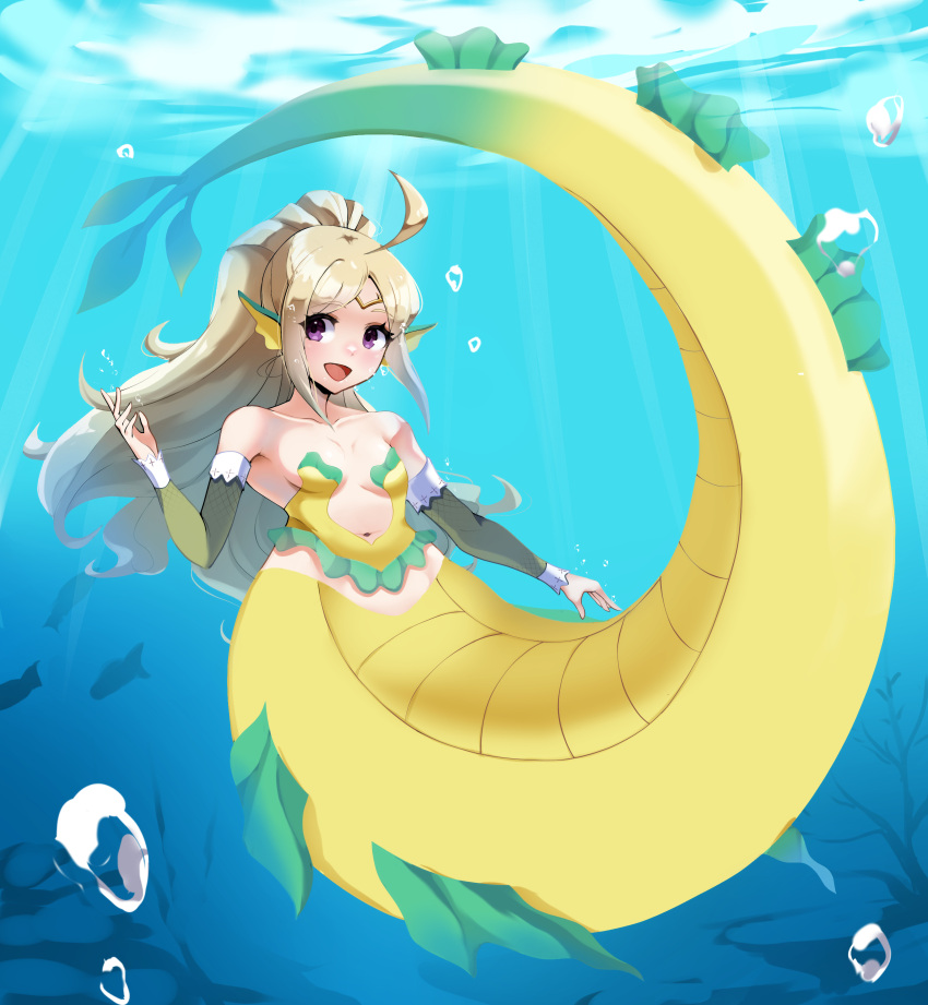 absurdres ahoge bare_shoulders blonde_hair breasts circlet female fins fire_emblem fire_emblem_awakening head_fins highres mermaid monster_girl navel nowi_(fire_emblem) pointy_ears ponytail purple_eyes small_breasts solo tetsuji_(i_ttj_f_c) underwater