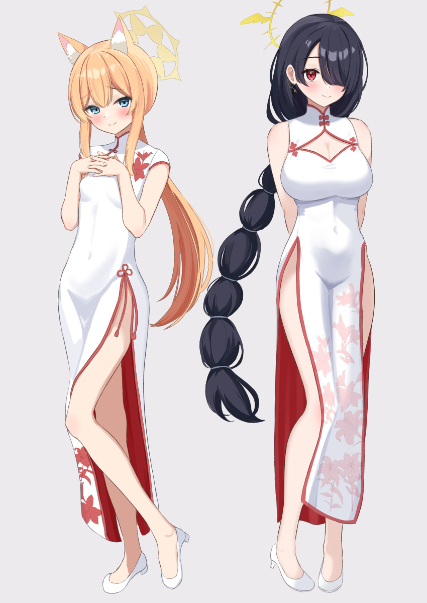 2girls absurdres alternate_costume animal_ear_fluff animal_ears arms_behind_back bare_shoulders black_hair blue_archive blush braid braided_ponytail breasts cat_ears china_dress chinese_clothes cleavage cleavage_cutout closed_mouth clothing_cutout commentary_request contrapposto covered_navel cross cross_earrings double-parted_bangs dress earrings floral_print floral_print_dress full_body furrowed_brow grey_background groin hair_between_eyes hair_over_one_eye halo hands_up high_heels highres hinata_(blue_archive) hip_vent impossible_clothes interlocked_fingers jewelry large_breasts legs long_bangs long_dress long_hair looking_at_viewer low_ponytail mari_(blue_archive) mikeran5648 multiple_girls no_socks one_eye_covered orange_hair own_hands_together print_dress red_eyes short_sleeves shy side-by-side sidelocks simple_background sisterhood_(blue_archive) sleeveless sleeveless_dress small_breasts smile split_mouth standing very_long_hair white_dress white_footwear yellow_halo