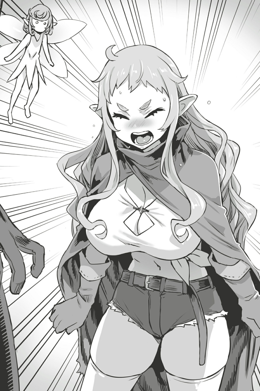 1boy 2girls asanagi bash_(orc_eiyuu_monogatari) blush breasts cape cleavage closed_eyes dwarf emphasis_lines fairy fairy_wings gloves greyscale highres long_hair monochrome multiple_girls navel non-web_source novel_illustration official_art open_mouth orc_eiyuu_monogatari pointy_ears primera_(orc_eiyuu_monogatari) shirt short_shorts shorts shouting thighhighs tied_shirt wings zell_(orc_eiyuu_monogatari)