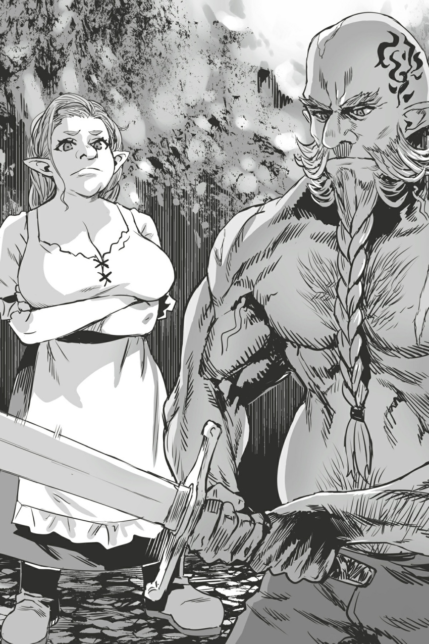 1boy arm_hair asanagi barabaradobanga beard braid braided_beard breasts brother_and_sister calmeradobanga chest_hair cleavage crossed_arms dwarf facial_hair female frown greyscale head_tattoo highres holding holding_sword holding_weapon large_breasts long_hair monochrome non-web_source novel_illustration official_art orc_eiyuu_monogatari pointy_ears siblings standing sword topless_male weapon