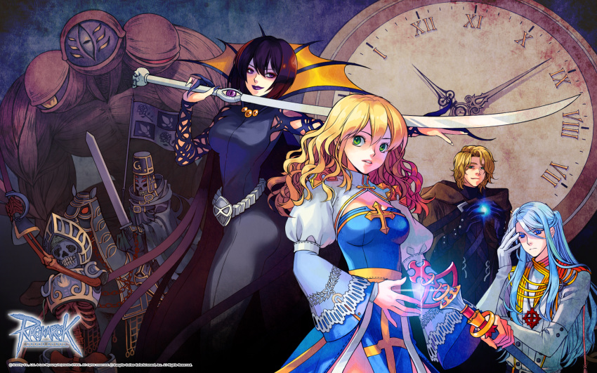 3boys 3girls abysmal_knight amdarais arch_bishop_(ragnarok_online) armor barding black_armor black_bodysuit black_nails blonde_hair blue_dress blue_eyes blue_hair bob_cut bodysuit boya breasts brown_cloak brown_hair cleavage_cutout cloak clock closed_mouth clothing_cutout coat copyright_notice cross cross-laced_bodysuit cross_of_prontera dress exposed_muscle expressionless extra_eyes frown green_eyes heinrich_(ragnarok_online) helmet highres himmelmez holding holding_sword holding_weapon horse horseback_riding juliet_sleeves khalitzburg_(ragnarok_online) knight logo long_hair long_sleeves looking_at_viewer medium_breasts multiple_boys multiple_girls official_art official_wallpaper parted_lips ponytail puffy_sleeves purple_eyes purple_lips ragnarok_online riding roman_numeral sash short_hair sidelocks skeleton smile sword two-tone_dress undead upper_body varmunt wavy_hair weapon white_coat white_dress yellow_sash